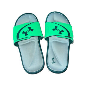 Boys Youth 3 Under Armour velcro adjustable slides green and grey cushioned
